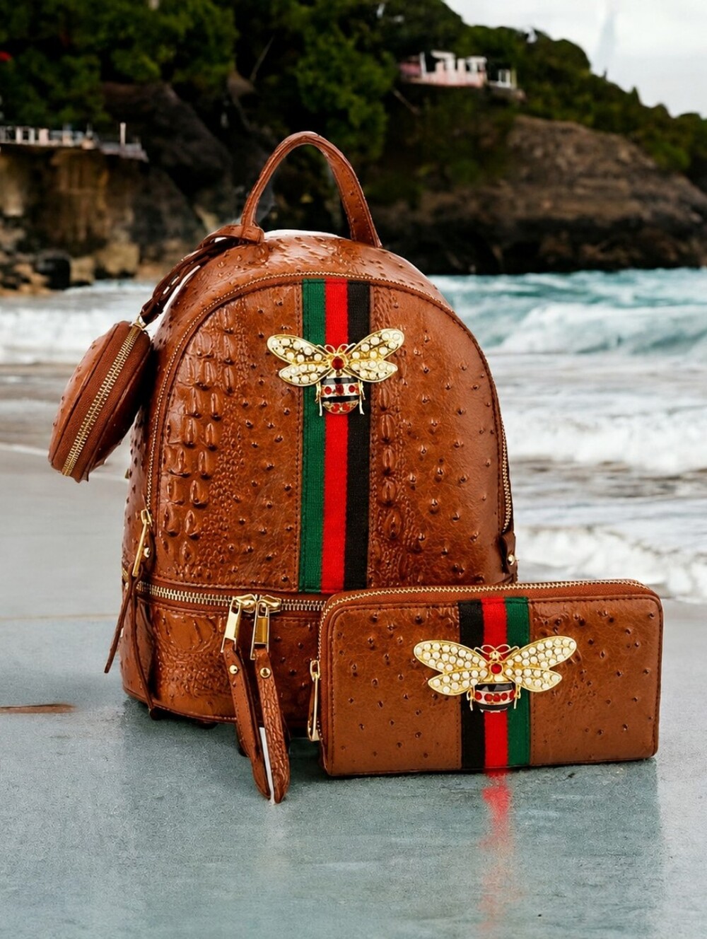 Brown Faux-Ostrich Backpack & Wallet Set with Green-Red Stripe and Bee Accent